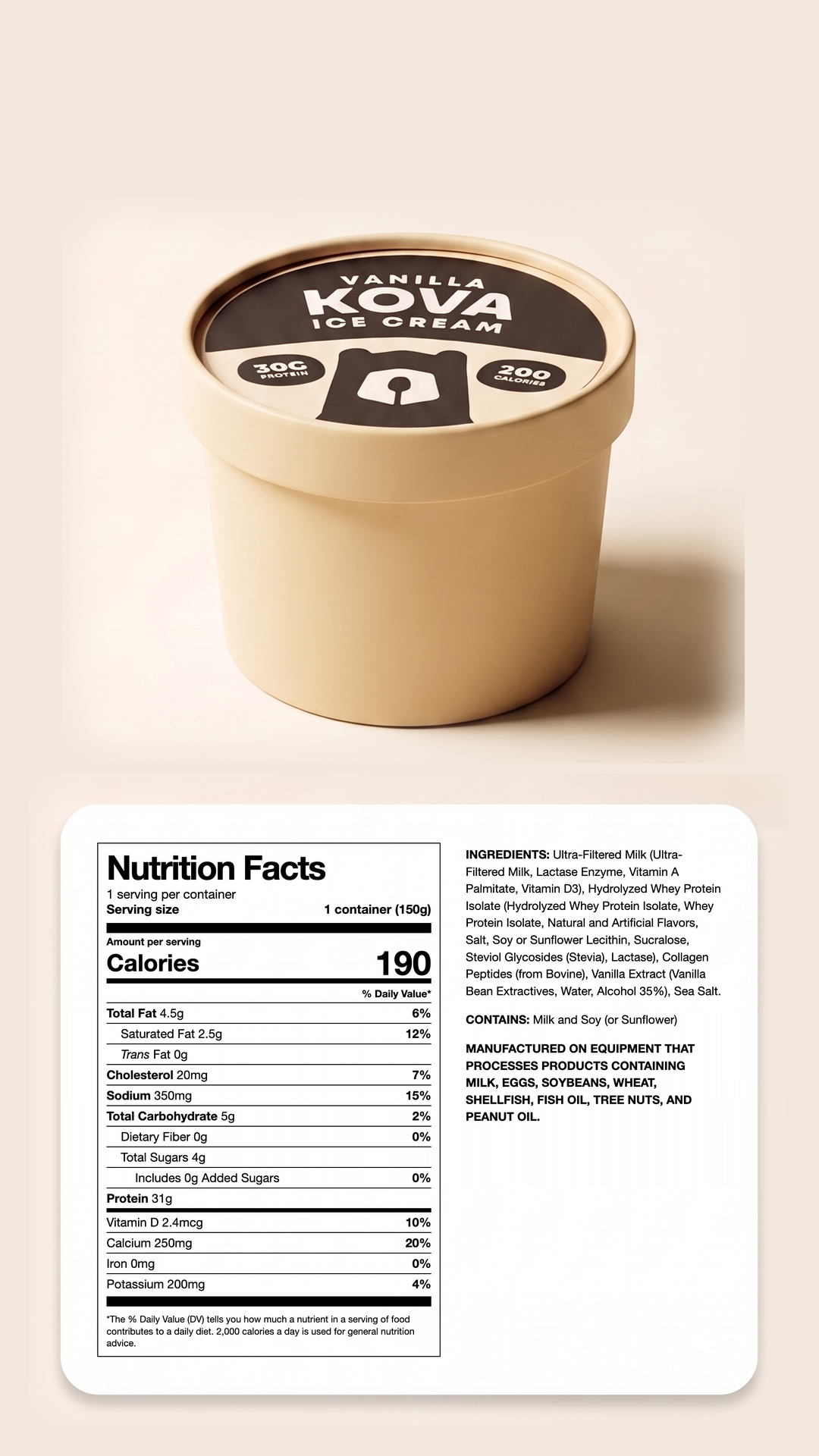 Kova Vanilla protein ice cream — Nutrition Facts label and ingredients