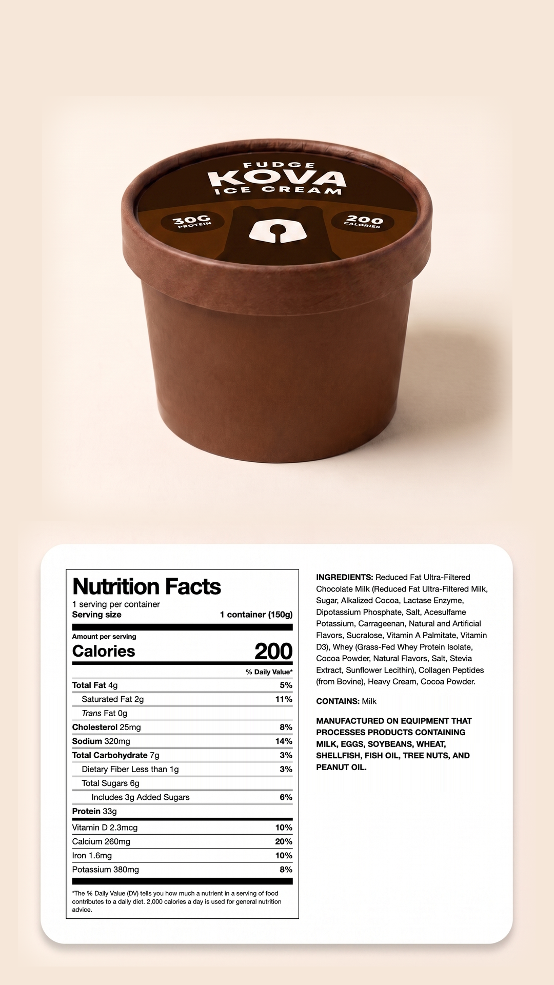 Kova Fudge protein ice cream — Nutrition Facts label and ingredients