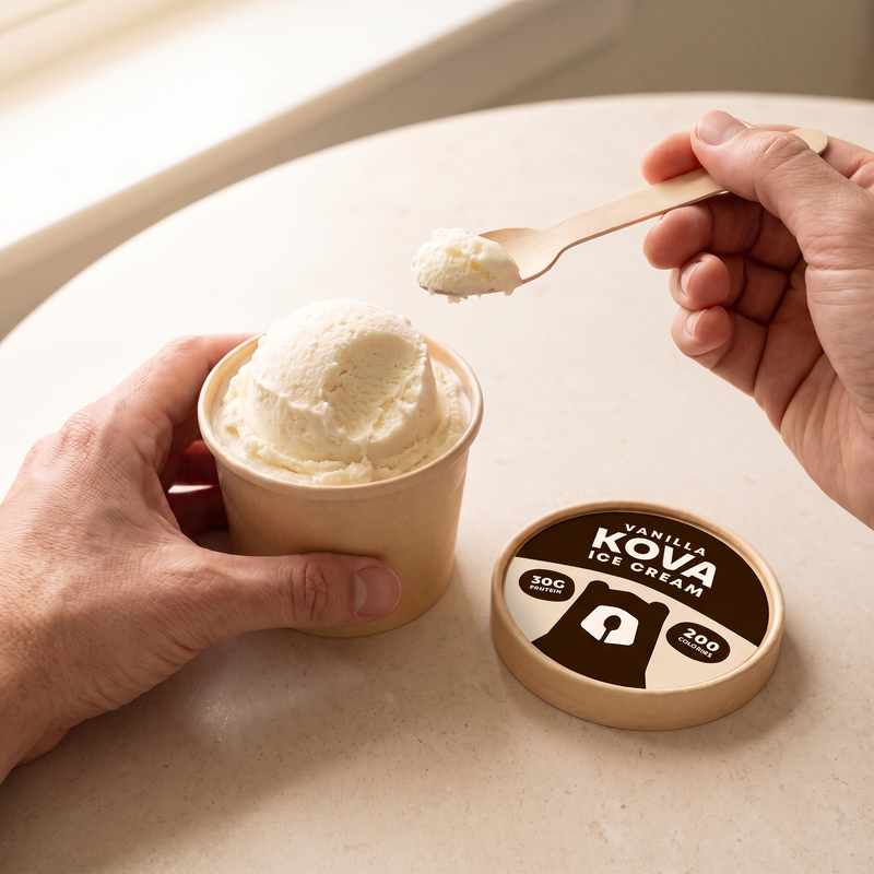 Hands lifting a wooden spoonful from an open cup of Kova vanilla protein ice cream