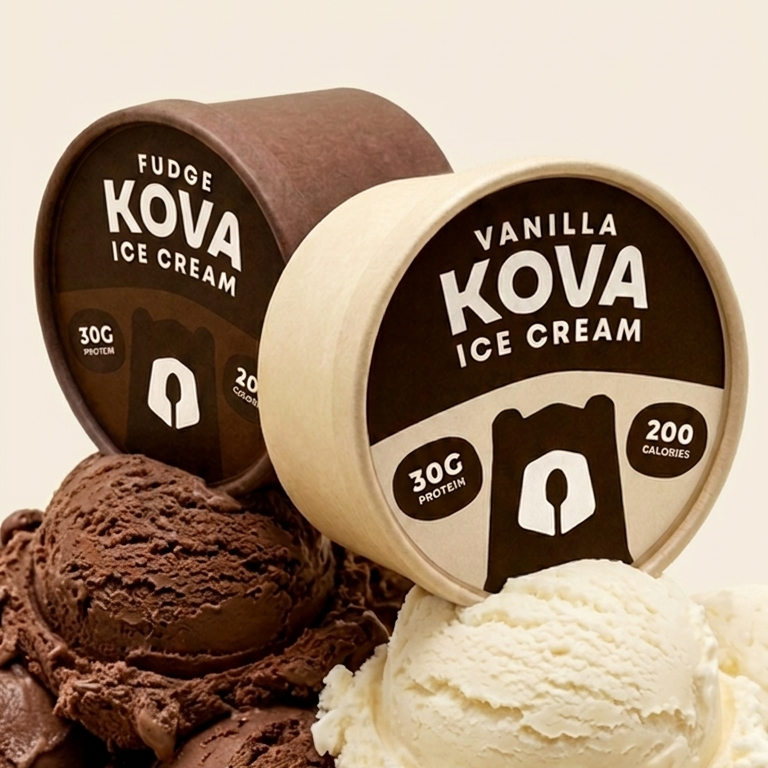 Kova Fudge and Vanilla protein ice cream cups with scoops — 30g protein, 200 calories, made fresh in LA