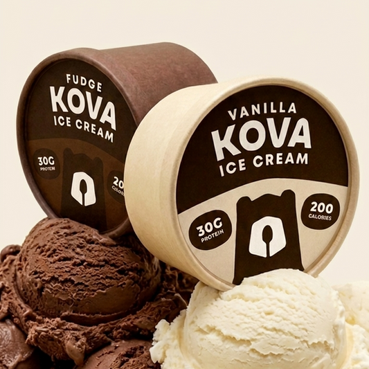 Kova Fudge and Vanilla protein ice cream cups with scoops — 30g protein, 200 calories, made fresh in LA