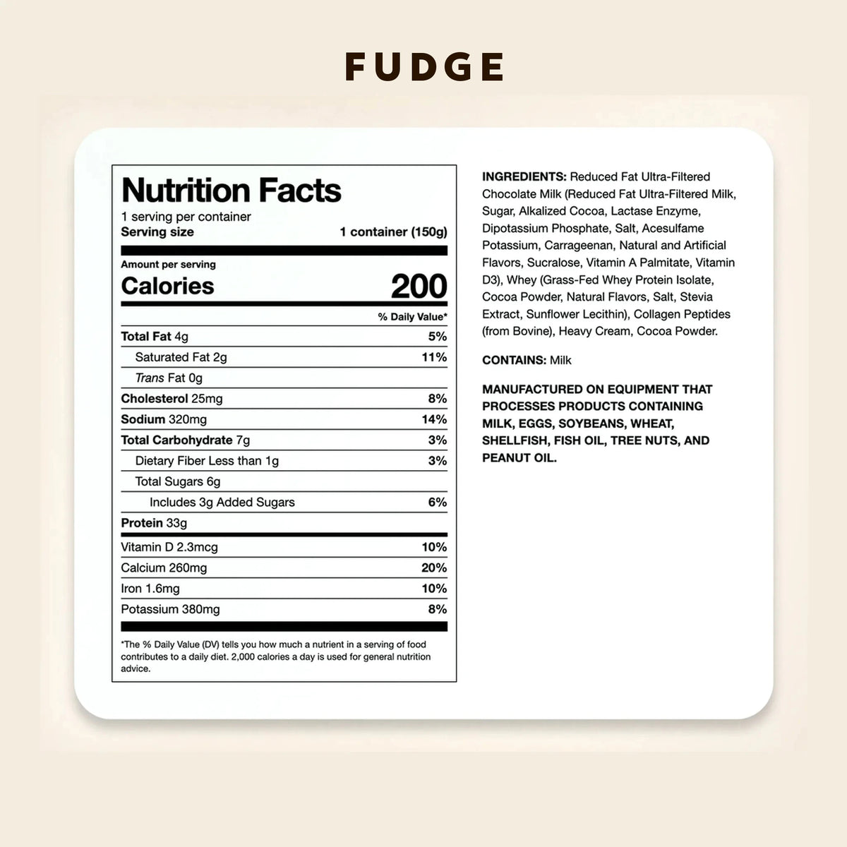 Kova Fudge protein ice cream — Nutrition Facts panel and ingredients. 200 calories, 33g protein, 3g added sugars per 150g container.