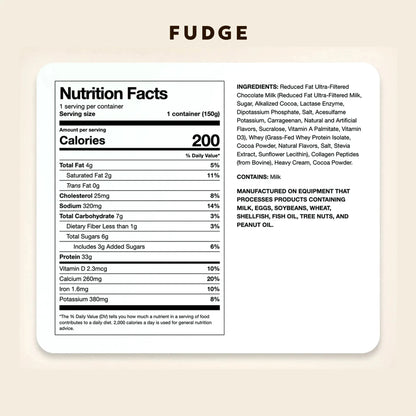 Kova Fudge protein ice cream — Nutrition Facts panel and ingredients. 200 calories, 33g protein, 3g added sugars per 150g container.