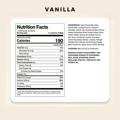 Kova Vanilla protein ice cream — Nutrition Facts panel and ingredients. 190 calories, 31g protein, 0g added sugars per 150g container.